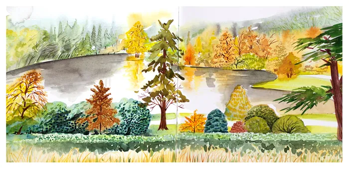 Watercolor sketch of Stourhead landscape with trees and pond