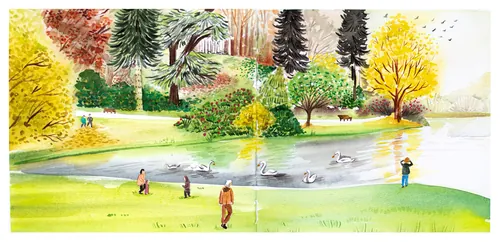 People walking near pond with fountain and trees in autumn colors