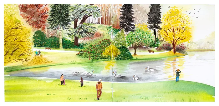 People walking near pond with fountain and trees in autumn colors