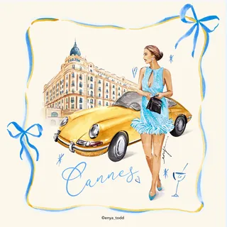 Woman in blue dress near vintage yellow car in Cannes