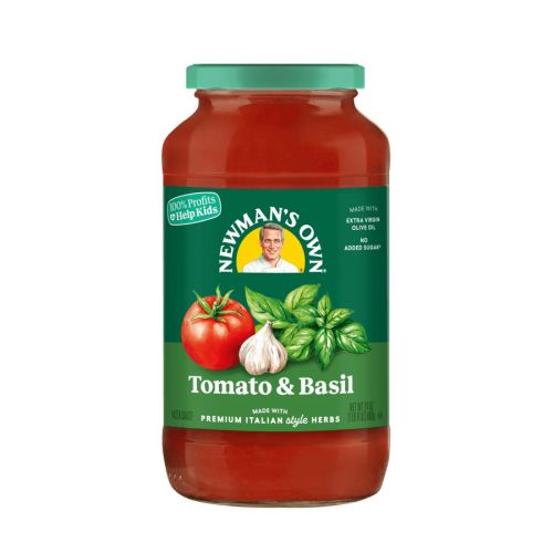 Jar of Newman's Own Tomato & Basil pasta sauce with label showing tomato, garlic, basil