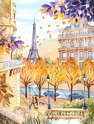 Autumn scene in Paris with Eiffel Tower and colorful trees
