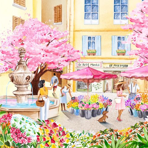 Colorful Provence market scene with flower stalls and pink trees by Enya Todd