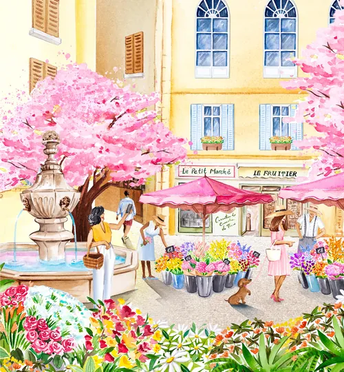 Colorful Provence market scene with flower stalls and pink trees by Enya Todd