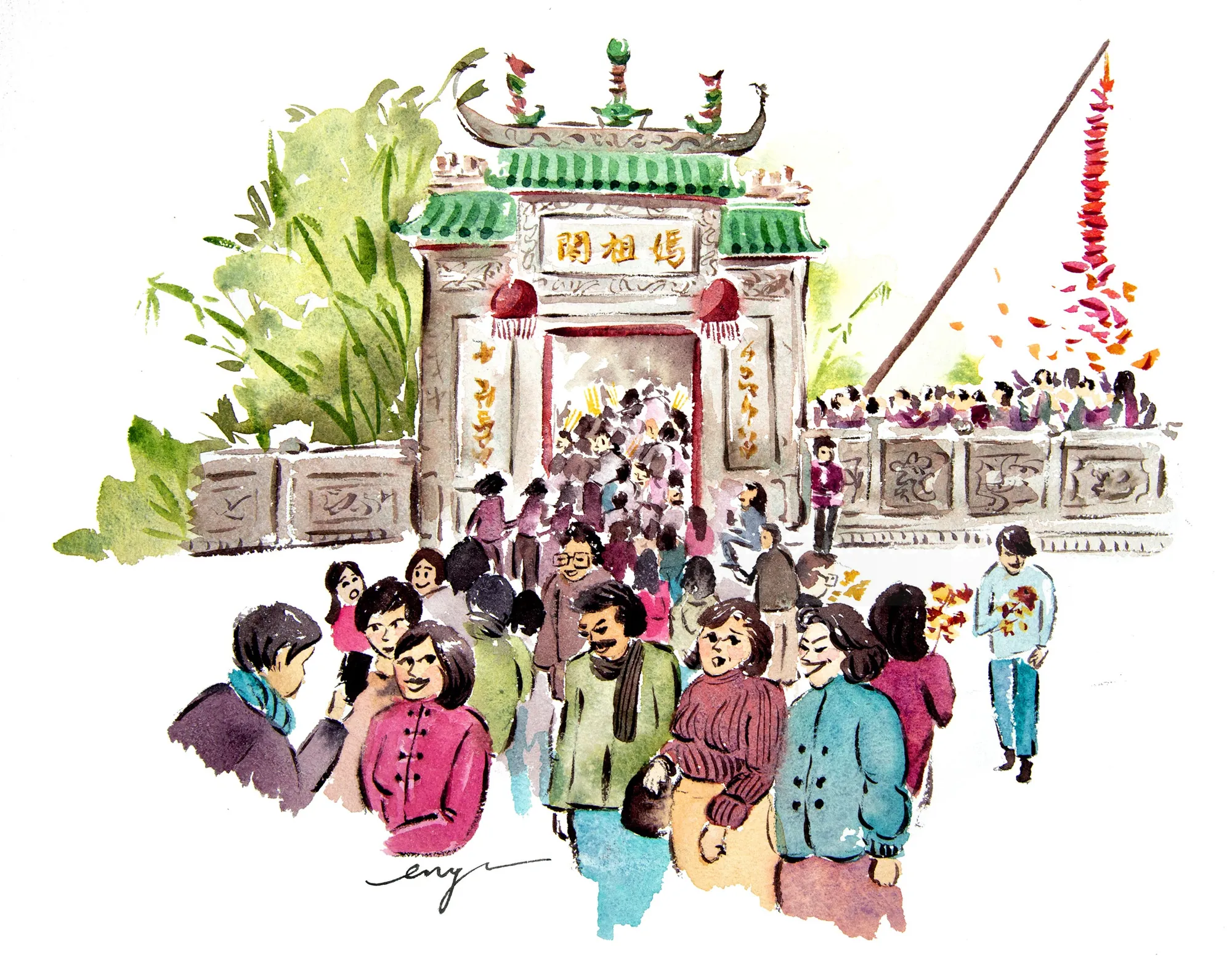 Watercolor of A-Ma Temple entrance with crowds by Enya Todd