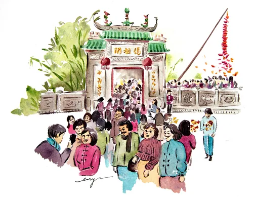Watercolor of A-Ma Temple entrance with crowds by Enya Todd
