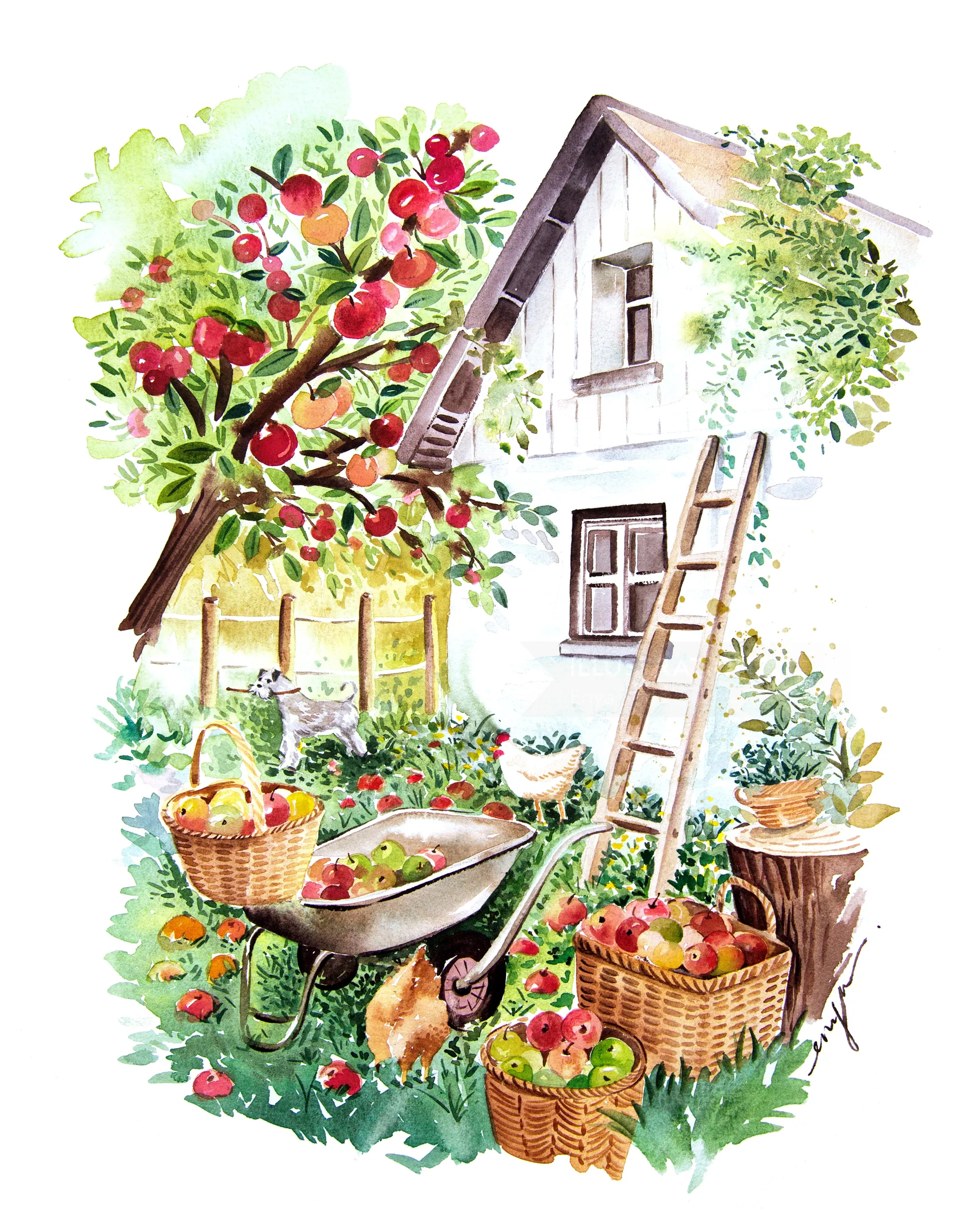 Paysage de jardin de cottage du Somerset à l'aquarelle par Enya Todd