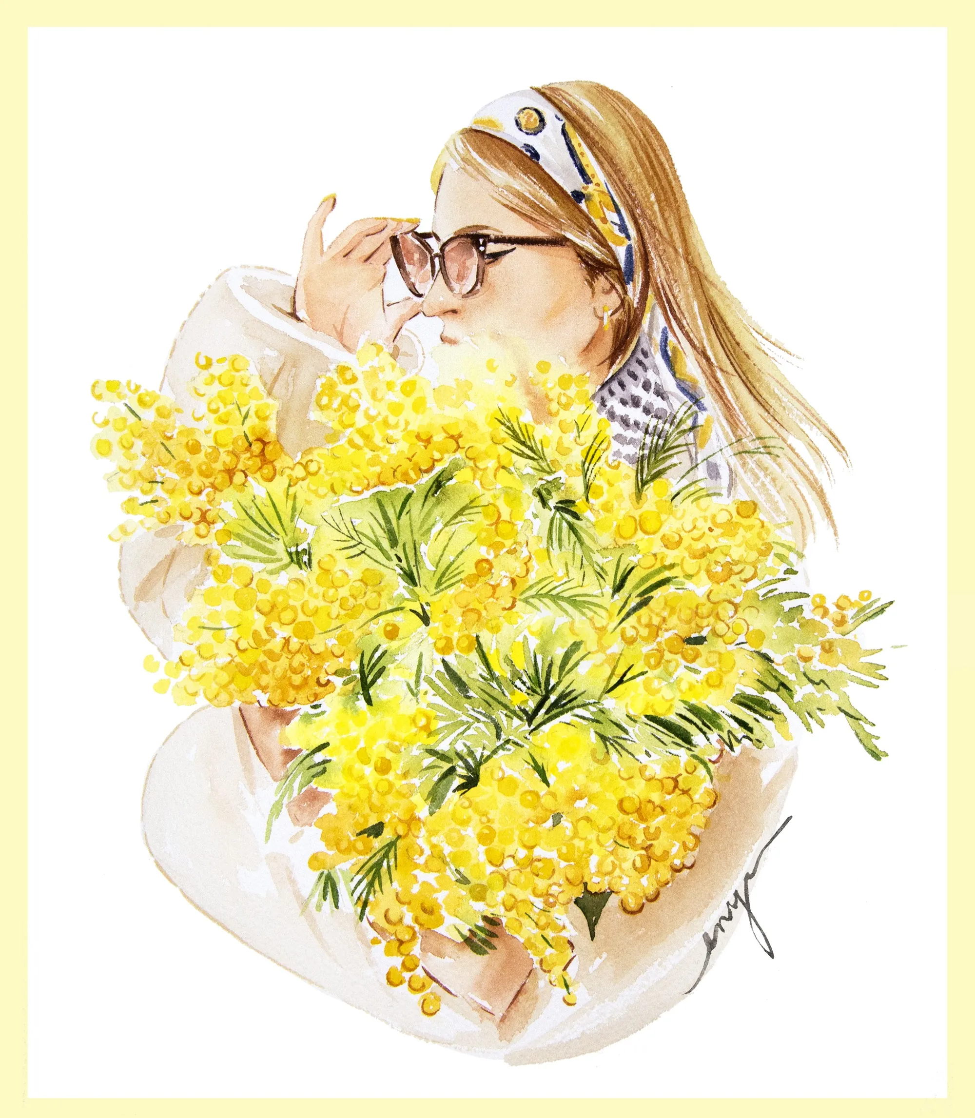 Enya Todd Illustration d'une femme à lunettes tenant des fleurs de mimosa jaunes
