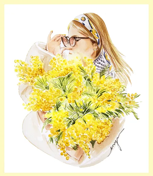 Enya Todd Illustration d'une femme à lunettes tenant des fleurs de mimosa jaunes
