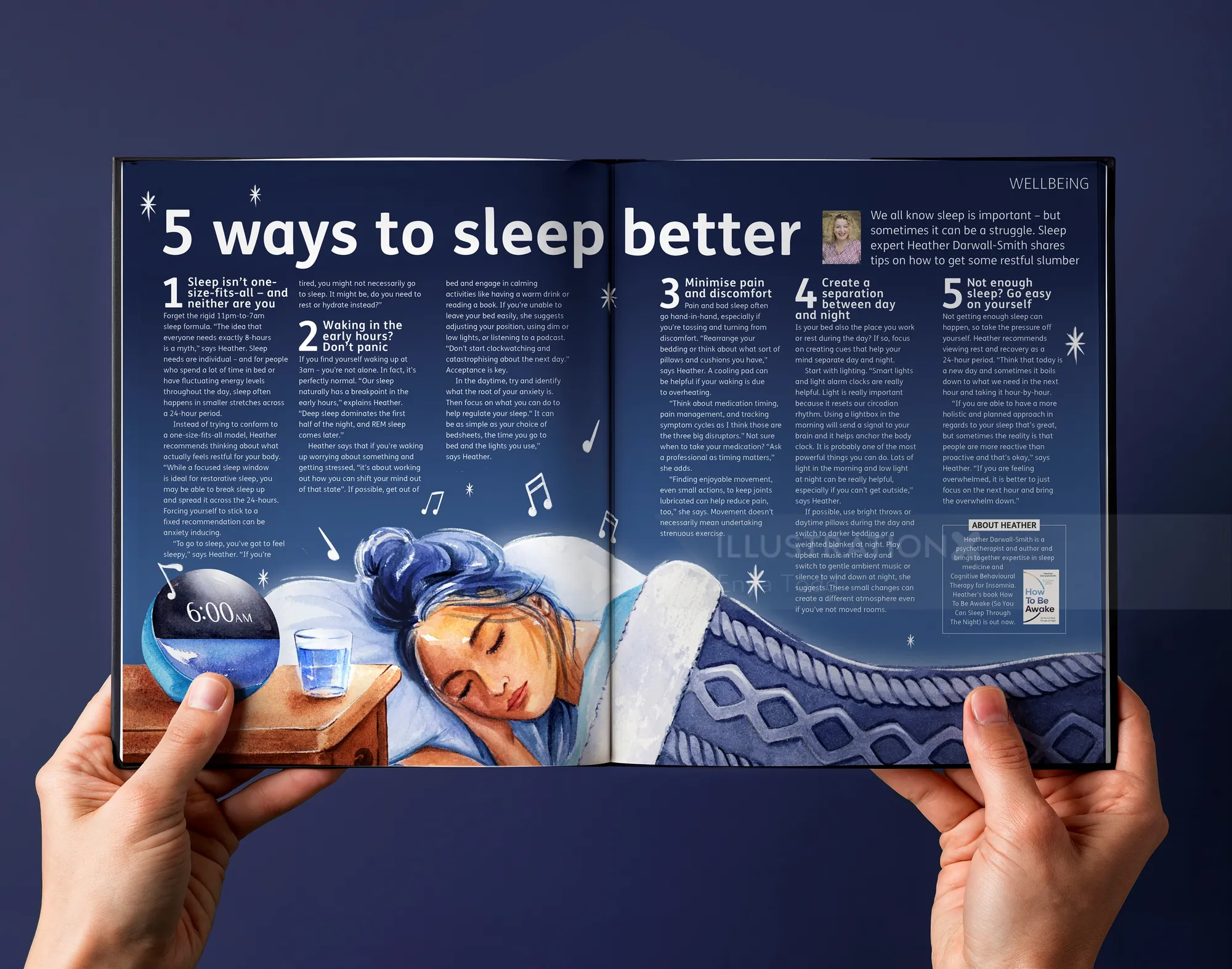 La revista Wellbeing de Enya Todd publicó un reportaje sobre cinco maneras de dormir mejor.
