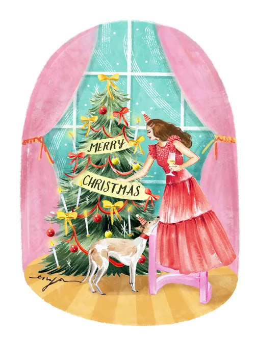Enya Todd Illustration d'une fille décorant un sapin de Noël avec un chien
