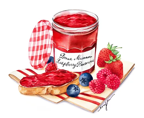 Bonne Maman jam jar with toast and berries, illustrated by Enya Todd.