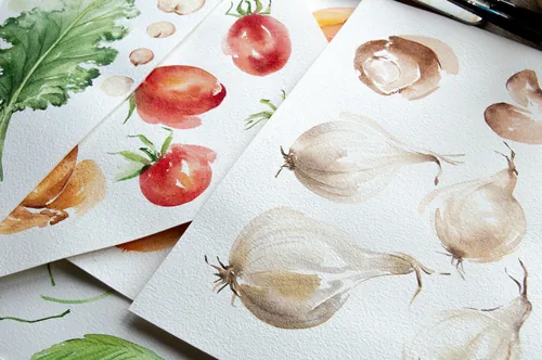 Watercolor vegetable illustrations by Enya Todd, featuring onions, garlic, tomatoes, and leafy green