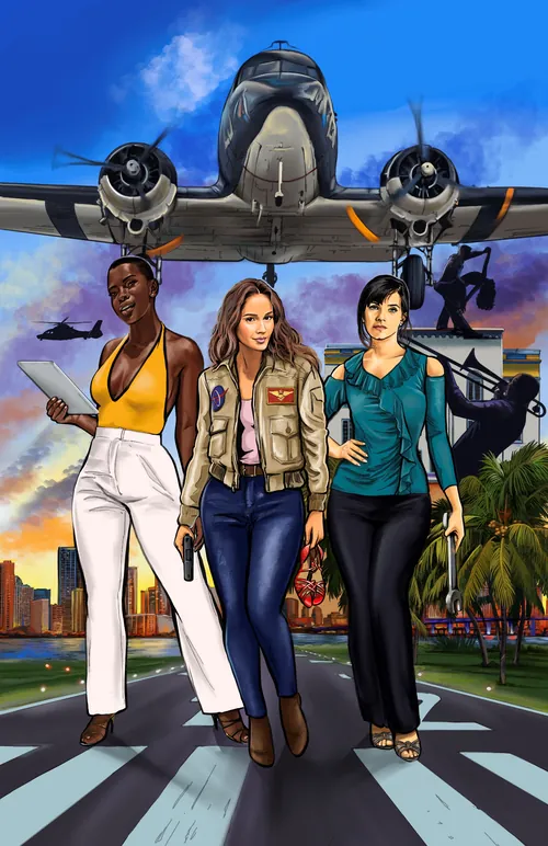 Three women walking on runway with airplane overhead by Esther Stimphat