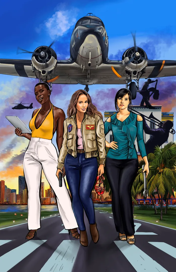 Three women walking on runway with airplane overhead by Esther Stimphat