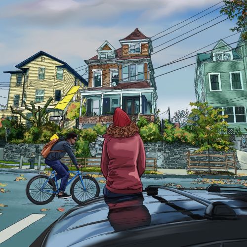 Person in red jacket leans on car roof and cyclist rides in suburban street by Esther Stimphat