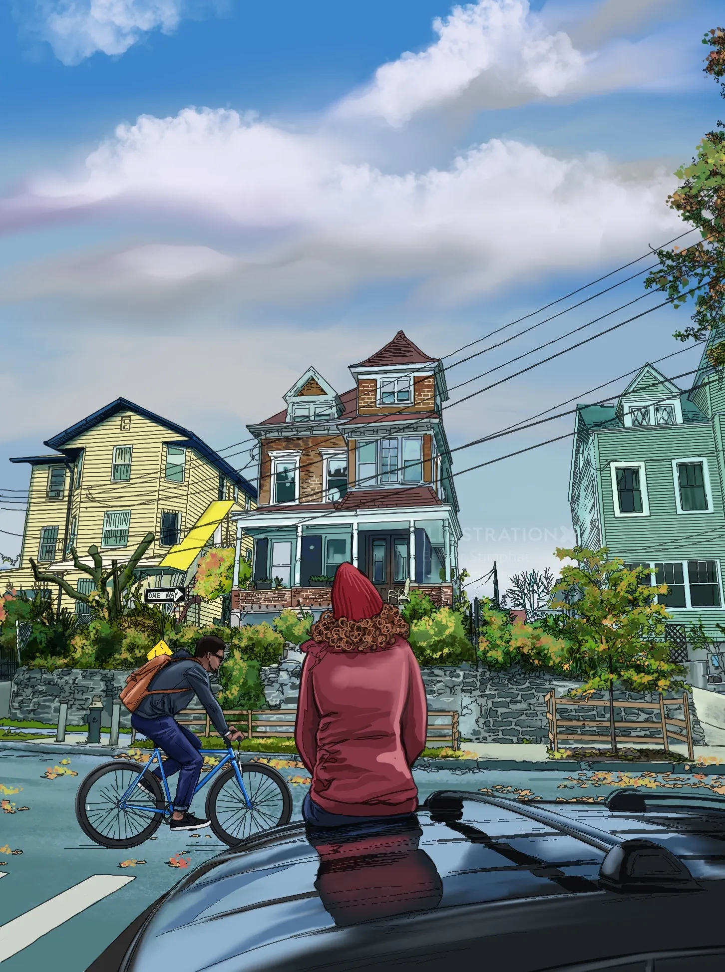 Person in red jacket leans on car roof and cyclist rides in suburban street by Esther Stimphat