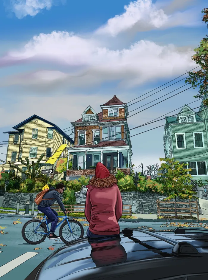 Person in red jacket leans on car roof and cyclist rides in suburban street by Esther Stimphat