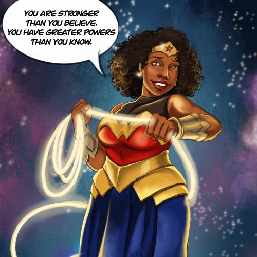 Wonder Woman holding glowing lasso standing on books, artwork by Esther Stimphat