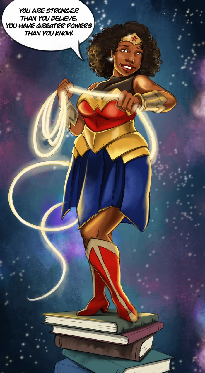 Wonder Woman holding glowing lasso standing on books, artwork by Esther Stimphat