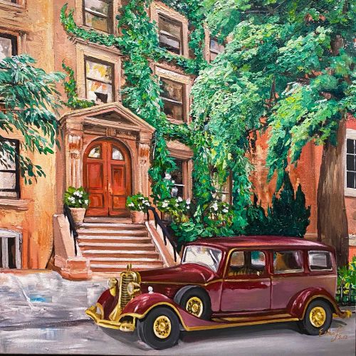 Vintage red car parked by ivy-covered brownstone with stairs and trees by Esther Stimphat