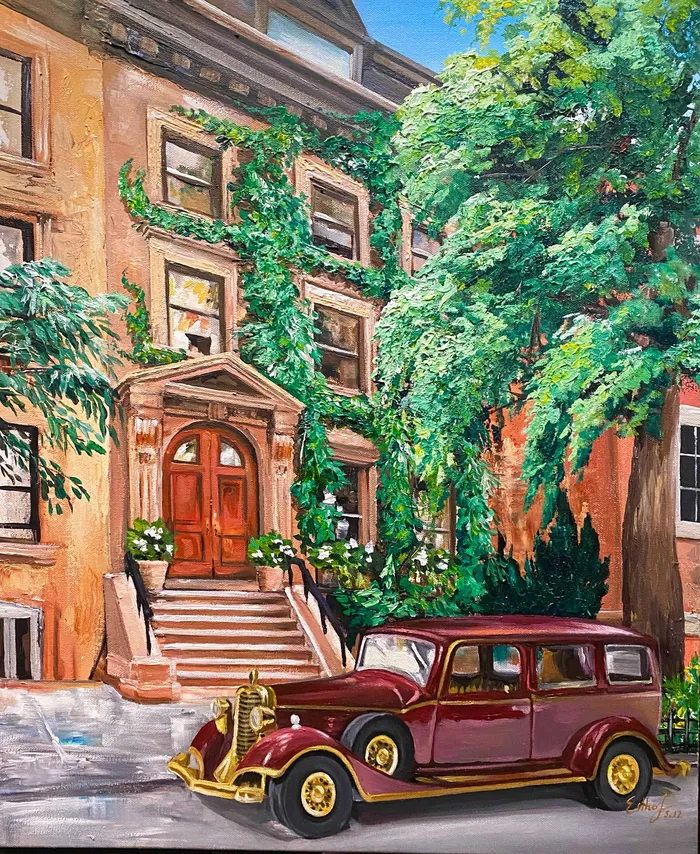 Vintage red car parked by ivy-covered brownstone with stairs and trees by Esther Stimphat