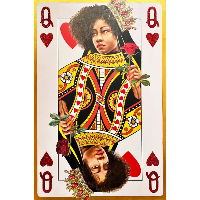 Queen of Hearts playing card with a crowned woman holding roses by Esther Stimphat