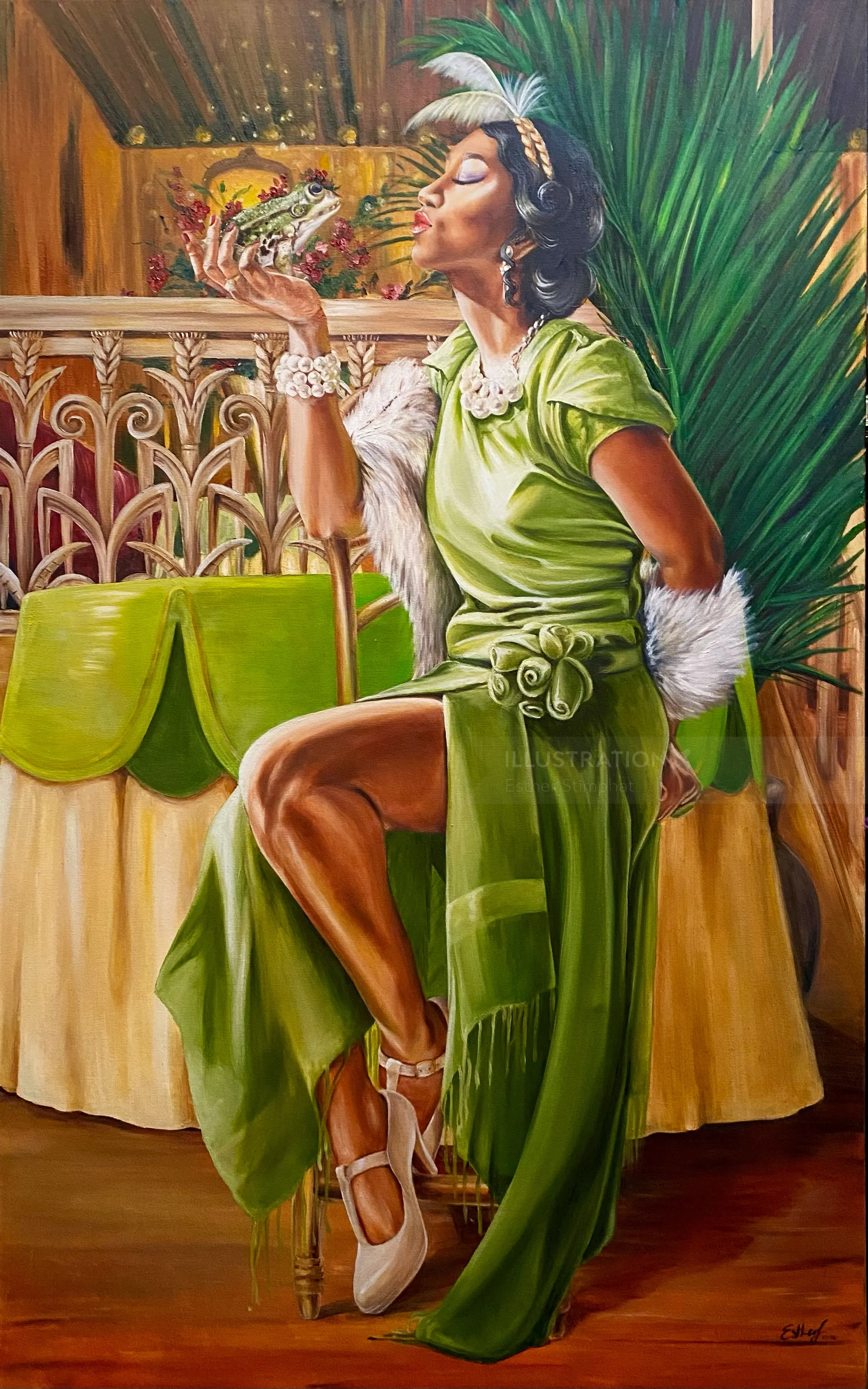 Elegant woman in green dress smelling pineapple with tropical backdrop by Esther Stimphat