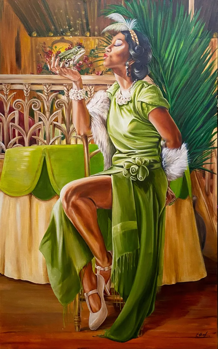 Elegant woman in green dress smelling pineapple with tropical backdrop by Esther Stimphat