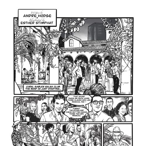Black and white comic page depicting characters in courtyard with speech bubbles by Esther Stimphat
