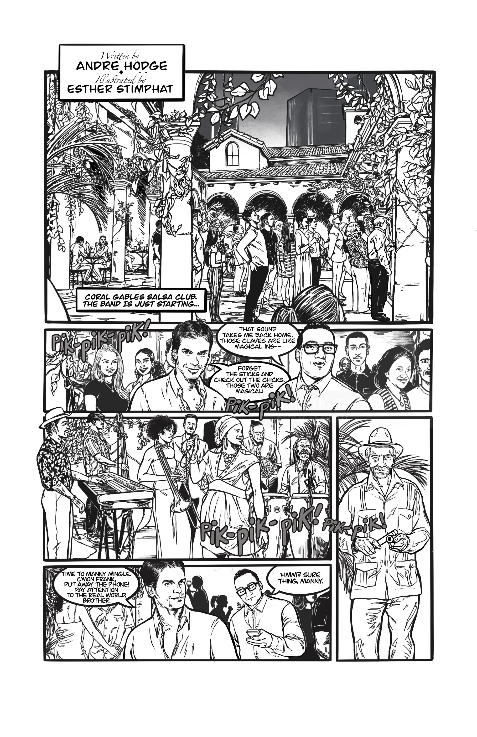 Black and white comic page depicting characters in courtyard with speech bubbles by Esther Stimphat