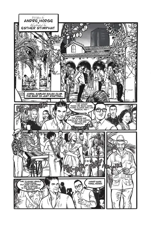 Black and white comic page depicting characters in courtyard with speech bubbles by Esther Stimphat