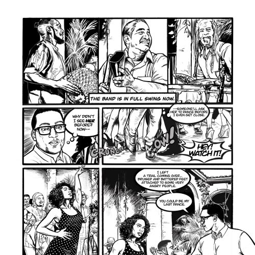 Black and white comic panels showing characters interacting in an urban environment by Esther Stimph