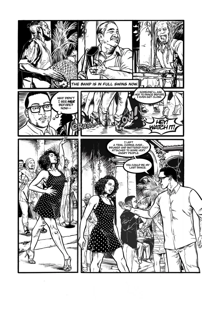 Black and white comic panels showing characters interacting in an urban environment by Esther Stimph