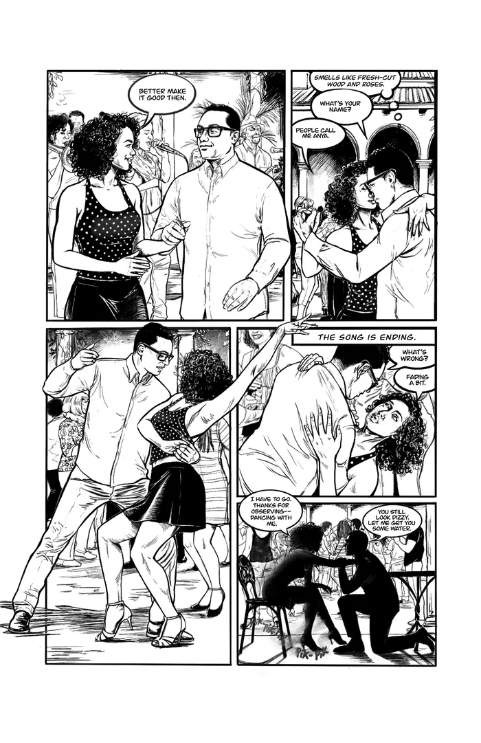 Black and white comic strip showing a tense and emotional confrontation by Esther Stimphat