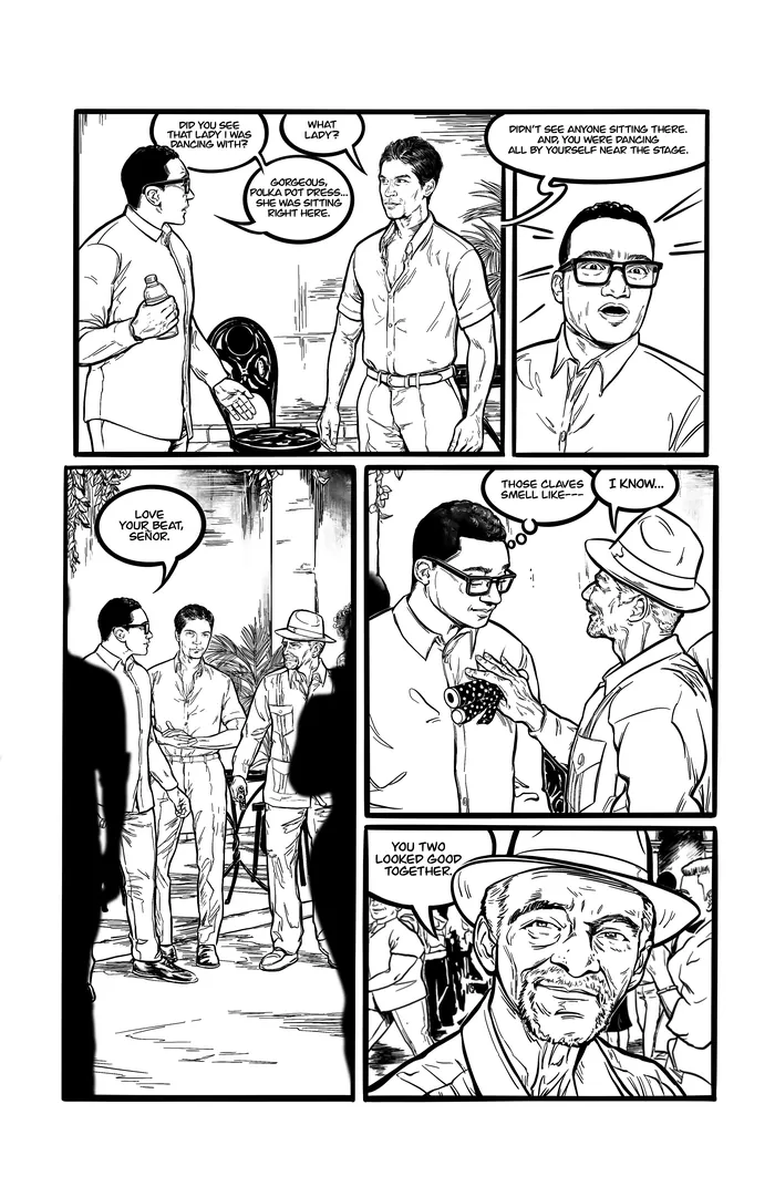 Black and white comic strip with men talking, artwork by Esther Stimphat