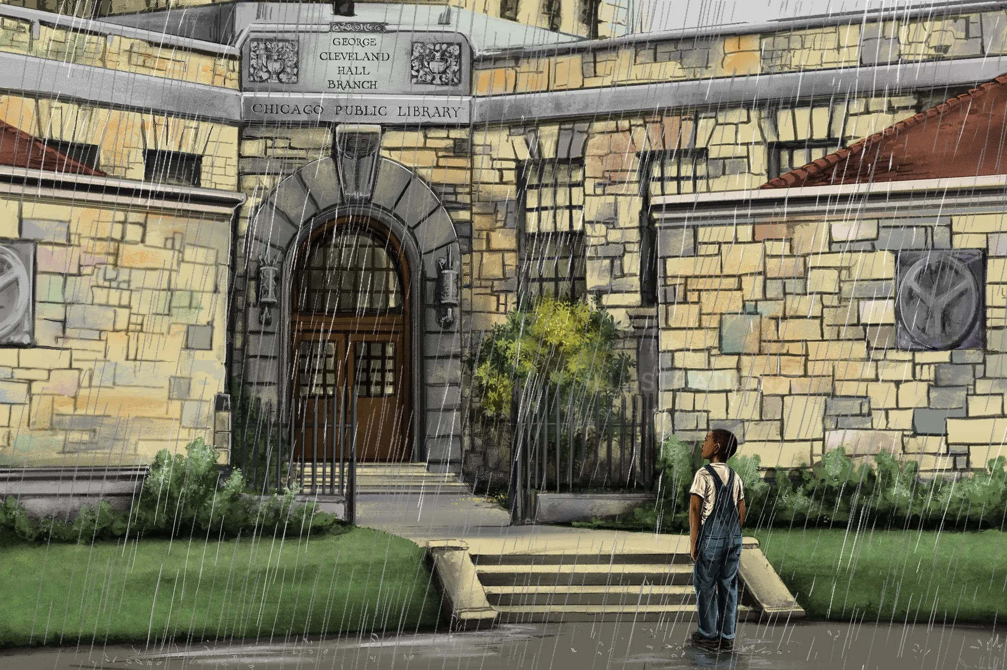 Boy in rain looking at historic library entrance by Esther Stimphat