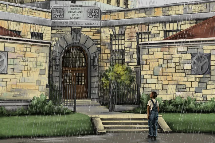 Boy in rain looking at historic library entrance by Esther Stimphat