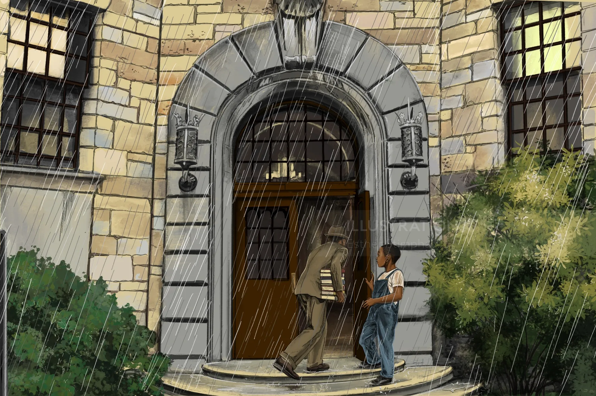 Child and cloaked figure standing at building entrance in rain by Esther Stimphat