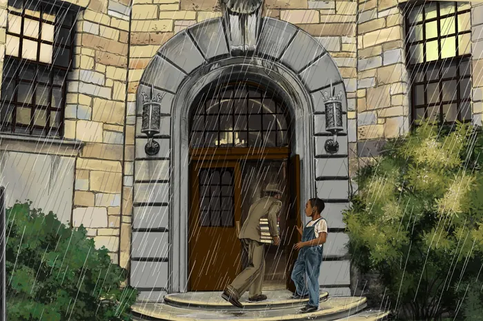 Child and cloaked figure standing at building entrance in rain by Esther Stimphat