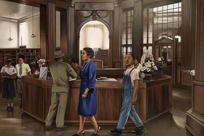 Historic bank interior with customers and staff by wooden counter, by Esther Stimphat