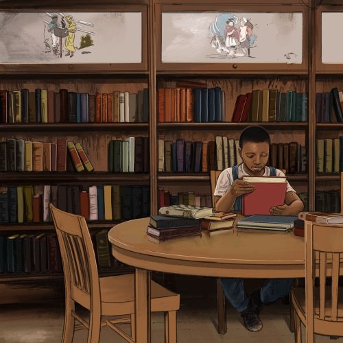 Child reading a book at a table in a library by Esther Stimphat