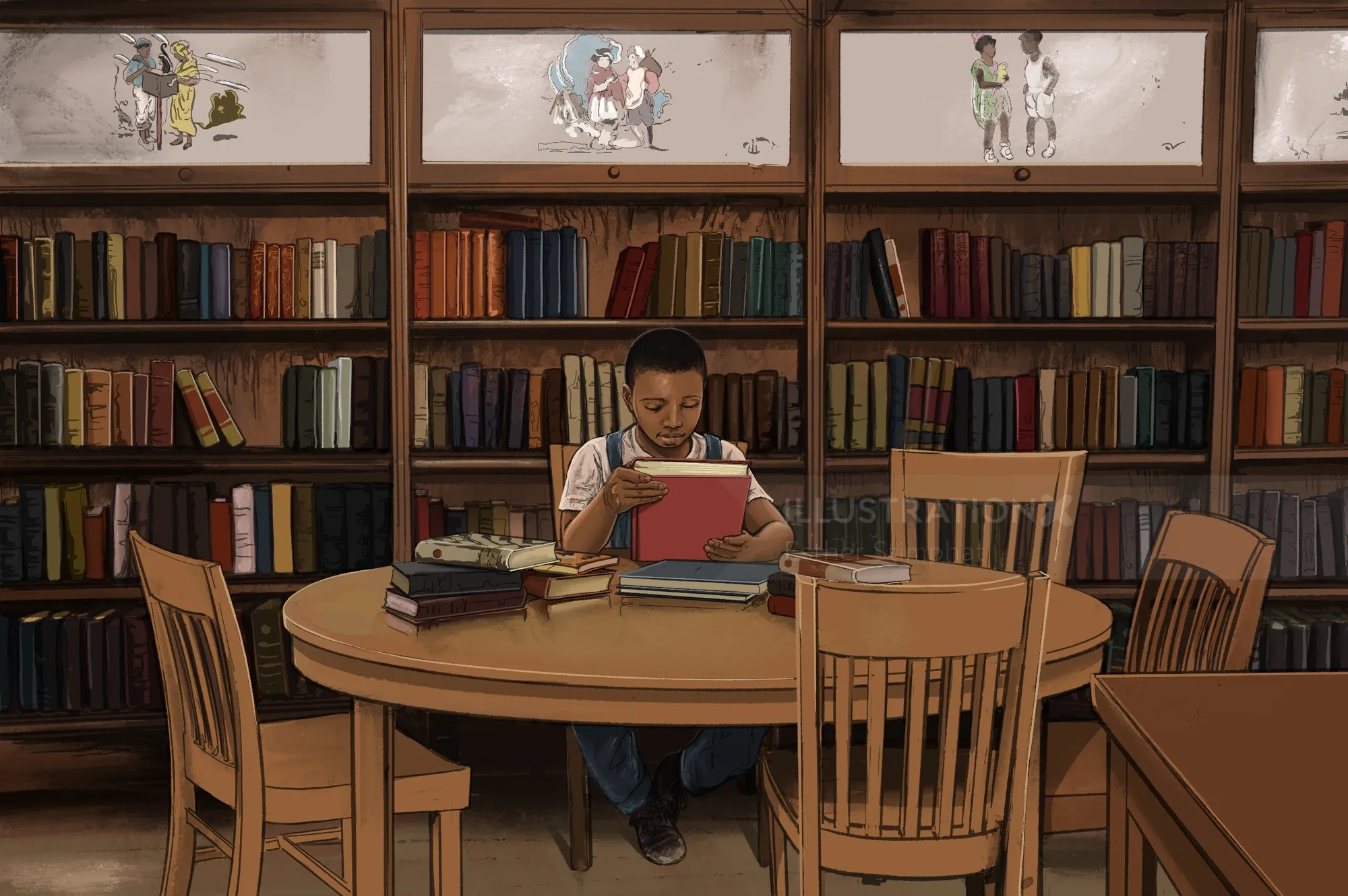 Child reading a book at a table in a library by Esther Stimphat