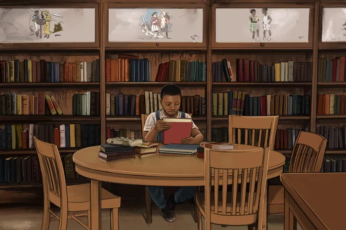 Child reading a book at a table in a library by Esther Stimphat