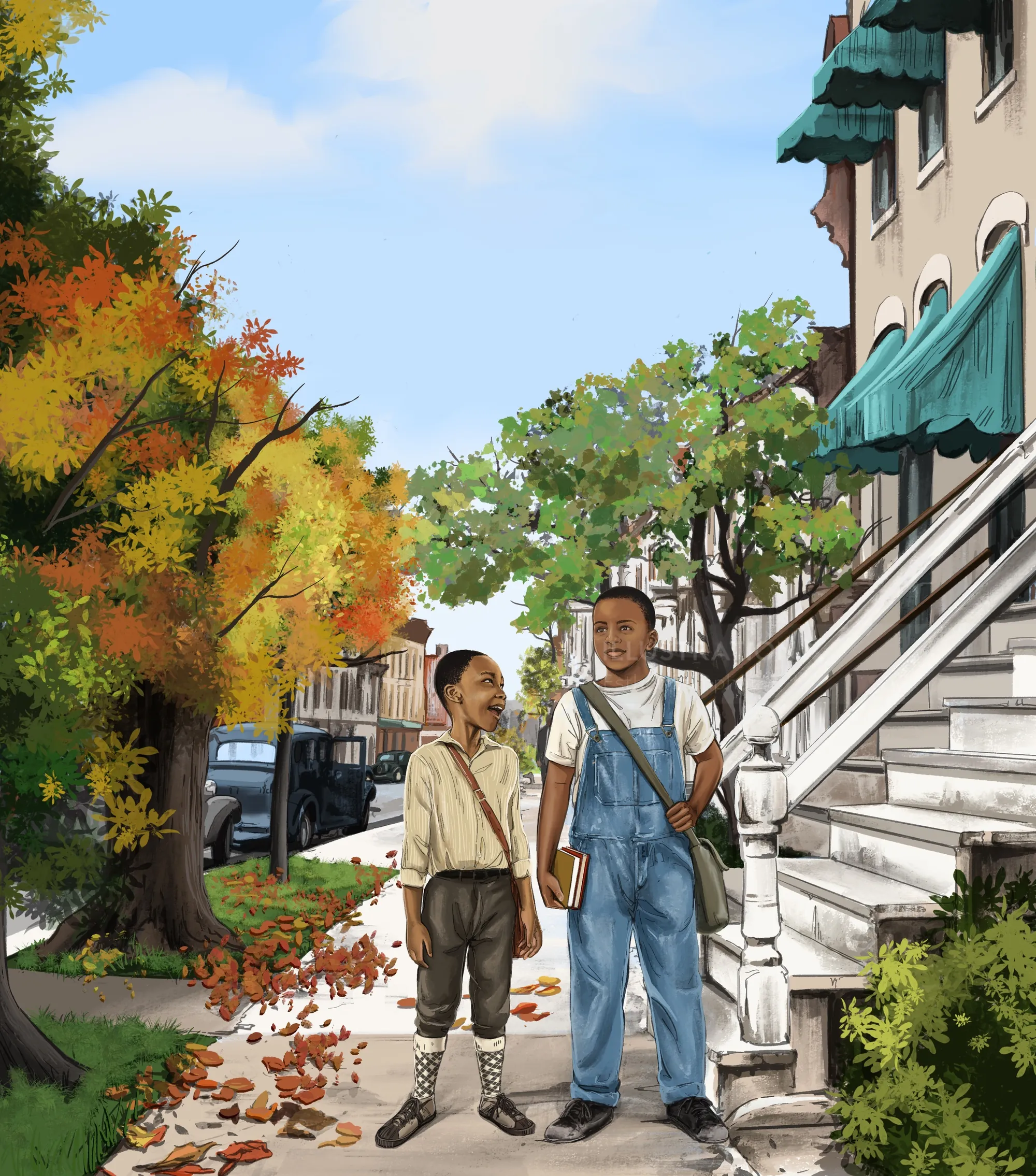 Two children walking on a tree-lined street with autumn leaves by Esther Stimphat