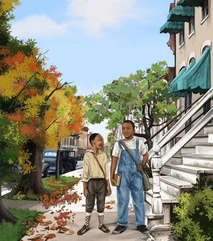 Two children walking on a tree-lined street with autumn leaves by Esther Stimphat