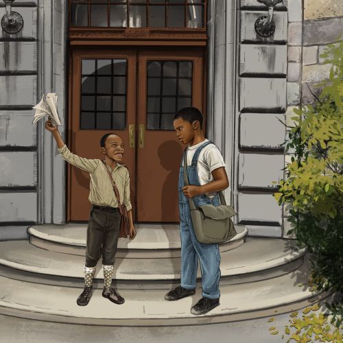 Two boys talking on steps in front of stone building by Esther Stimphat