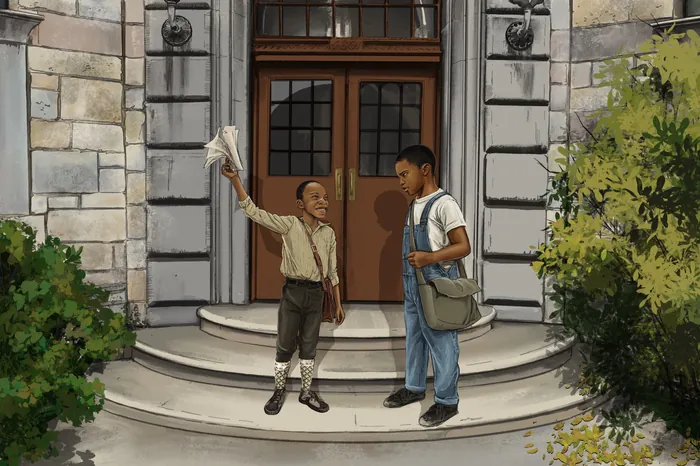 Two boys talking on steps in front of stone building by Esther Stimphat