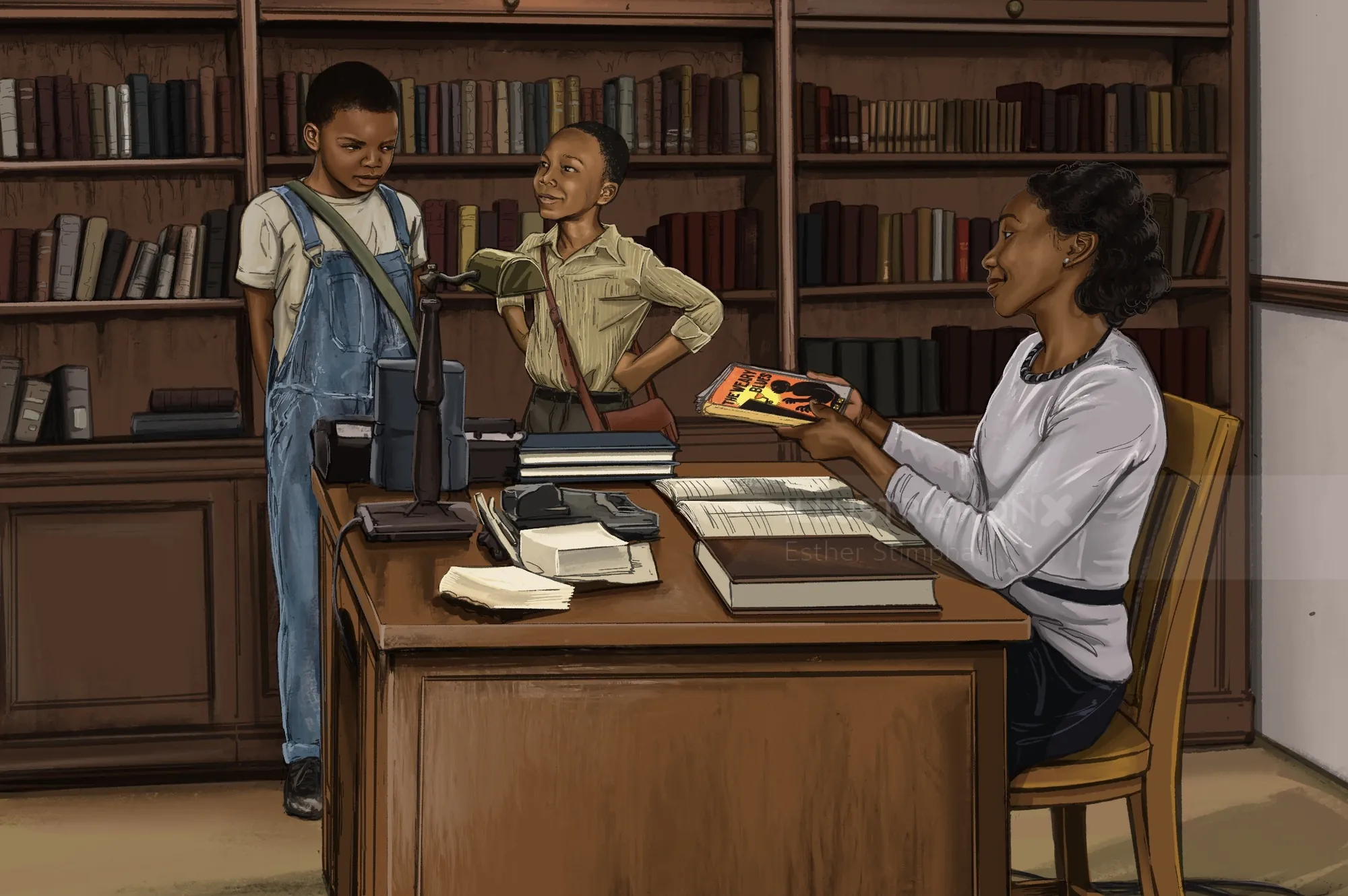 Librarian hands a book to two children in library by Esther Stimphat