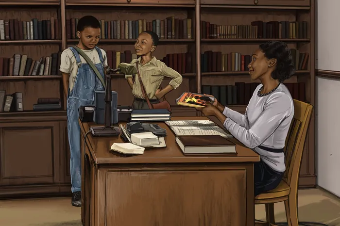Librarian hands a book to two children in library by Esther Stimphat